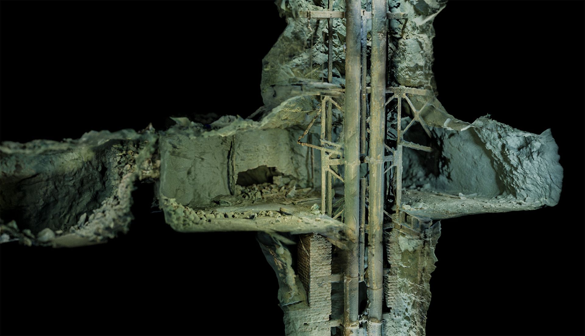 Photorealistic cross-section render of a flooded mine corridor with a wooden mining dam, made in Blender from a photogrammetry scan