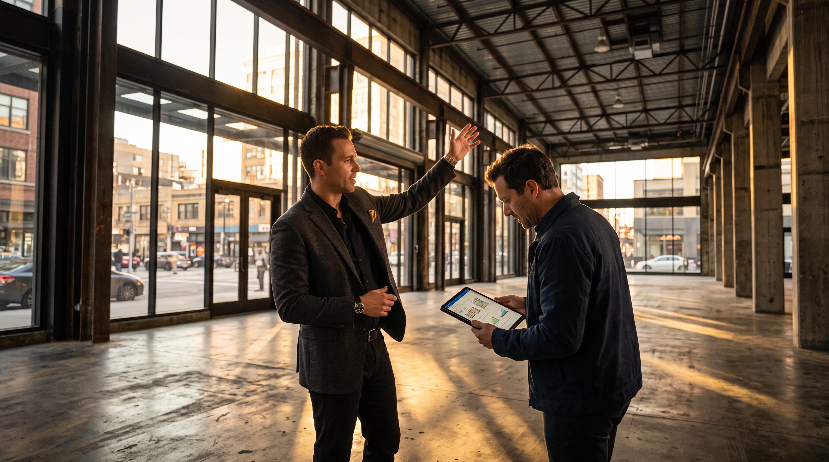 Commercial real estate agent working with a client on a walkthrough of a retail property