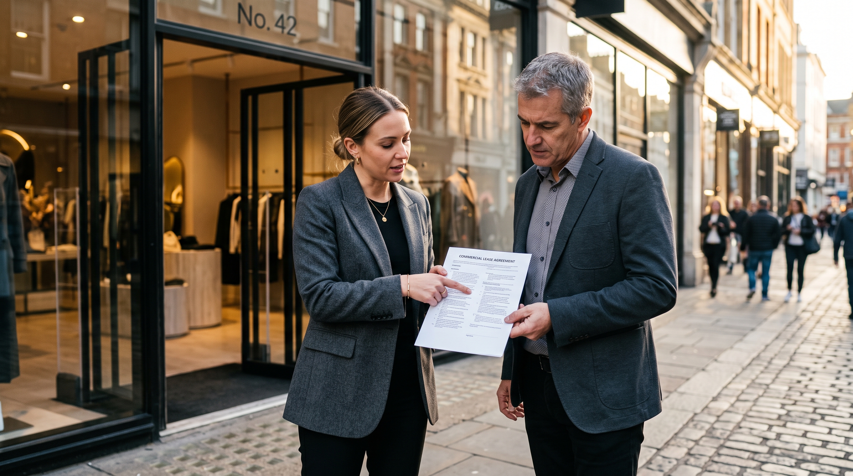 commercial real estate agent showing a land lord a lease while standing in front of a retail store