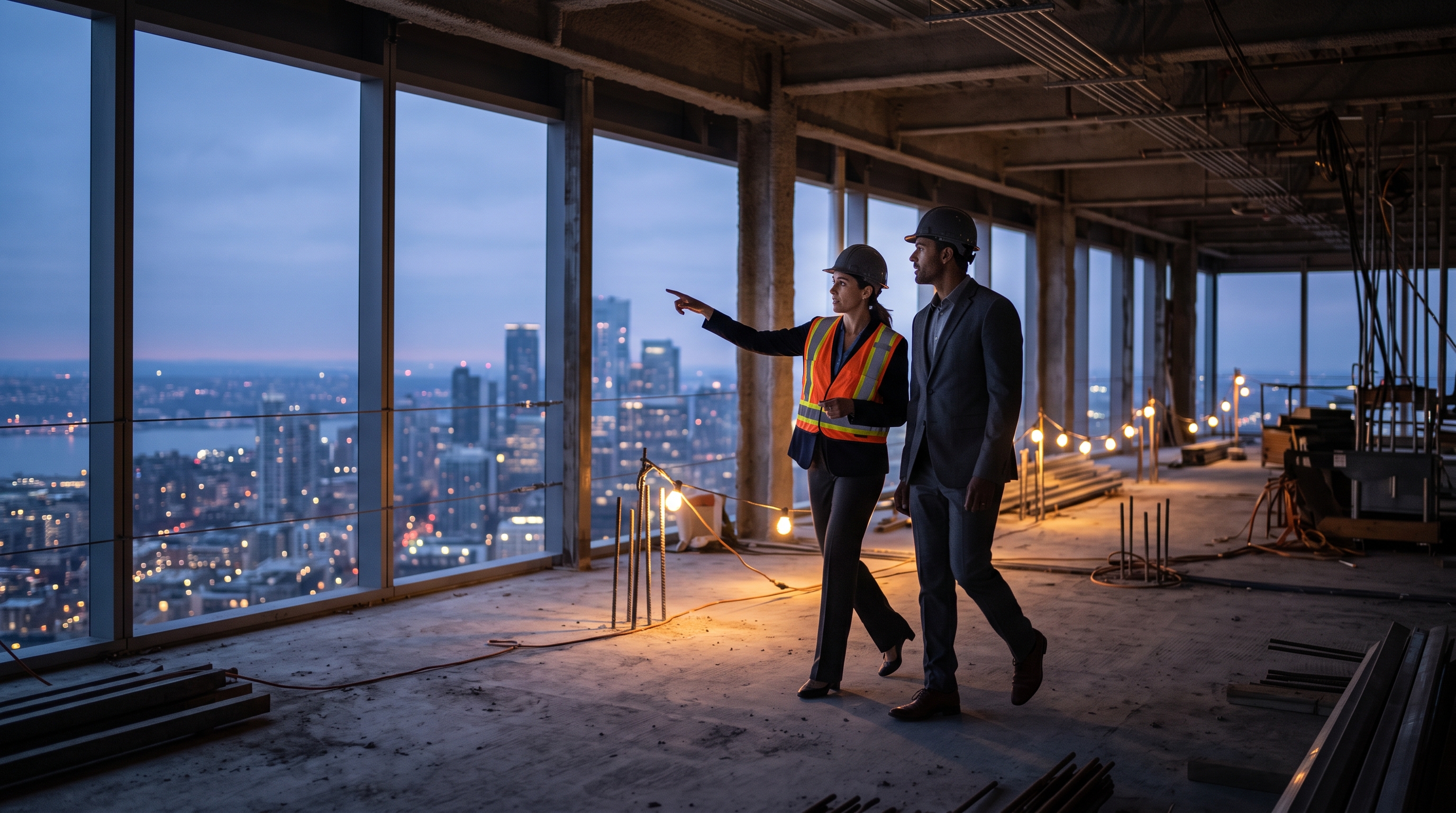 Commercial real estate agent out with a client who they are consulting with while they walk a new developing property. maybe on a higher floor of a new highrise in the city