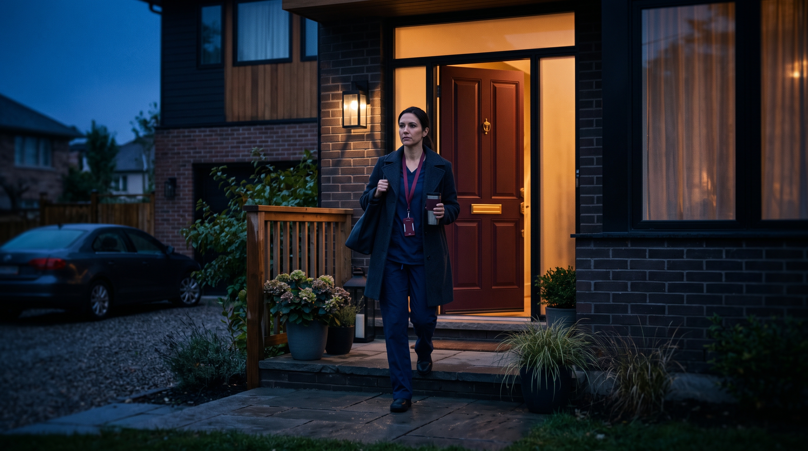 Rental home with a nurse walking out to illustrate that she is renting the home for a short 6 month period