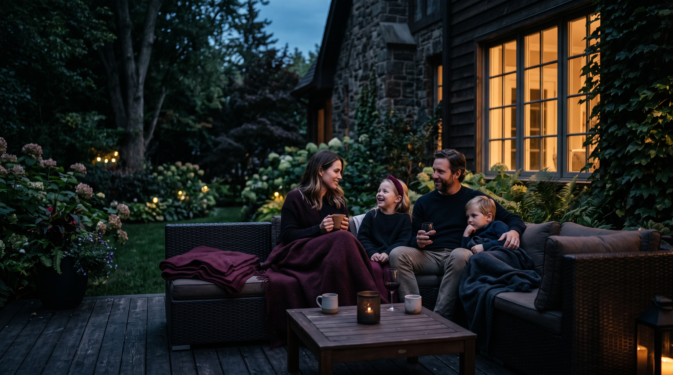 Family hanging out in the backyard of their home