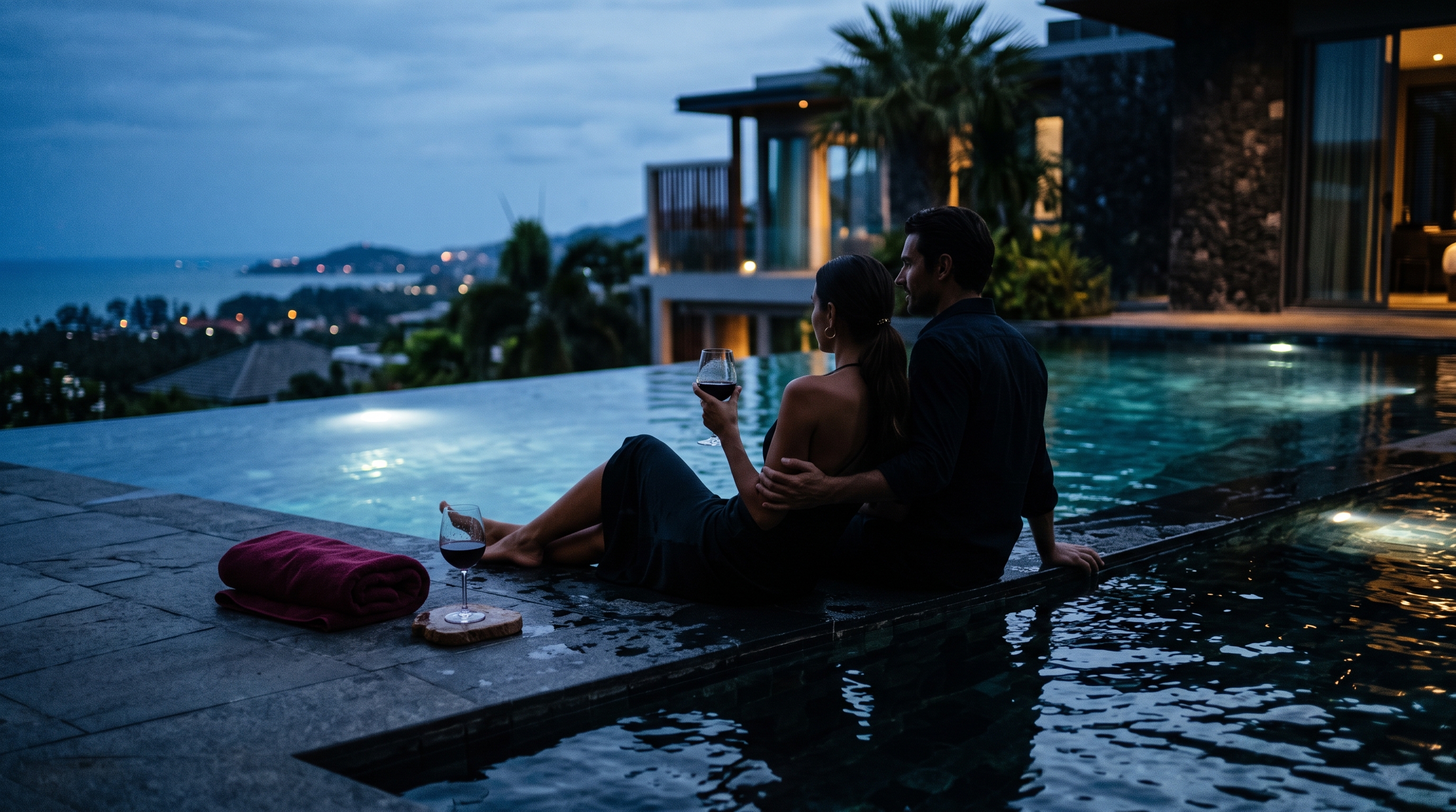 a couple hanging out at a pool in the rental home that they are staying at for the weekend