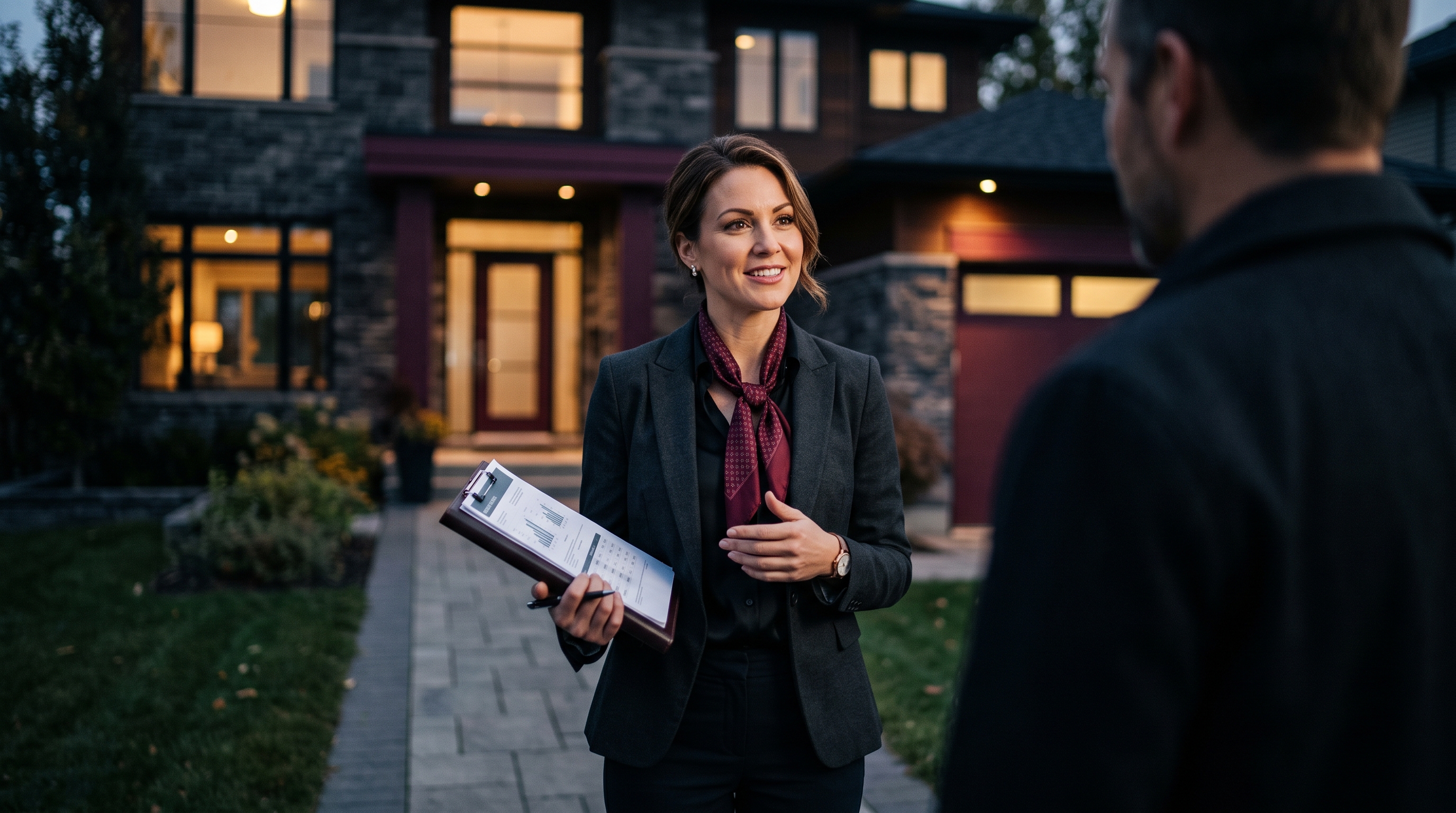 mortgage broker standing in front of a rental property with a client and clipboard - attracive woman
