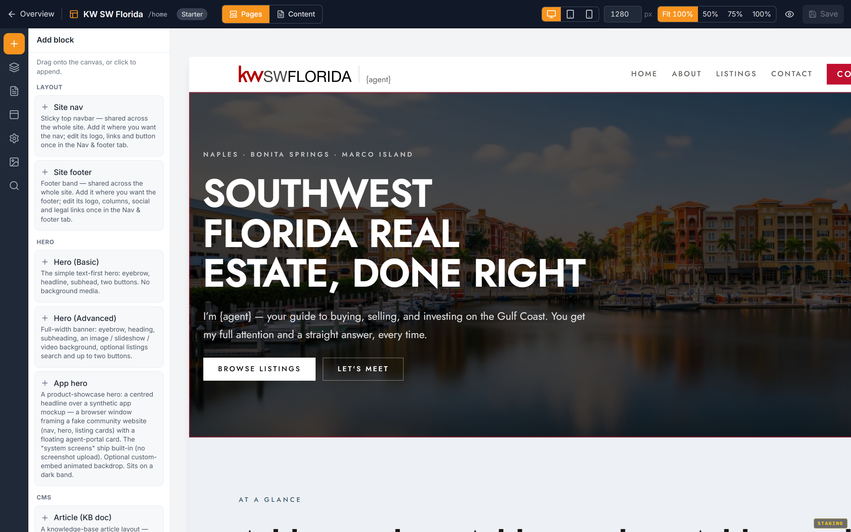 A starter open in the website editor, badged Starter
