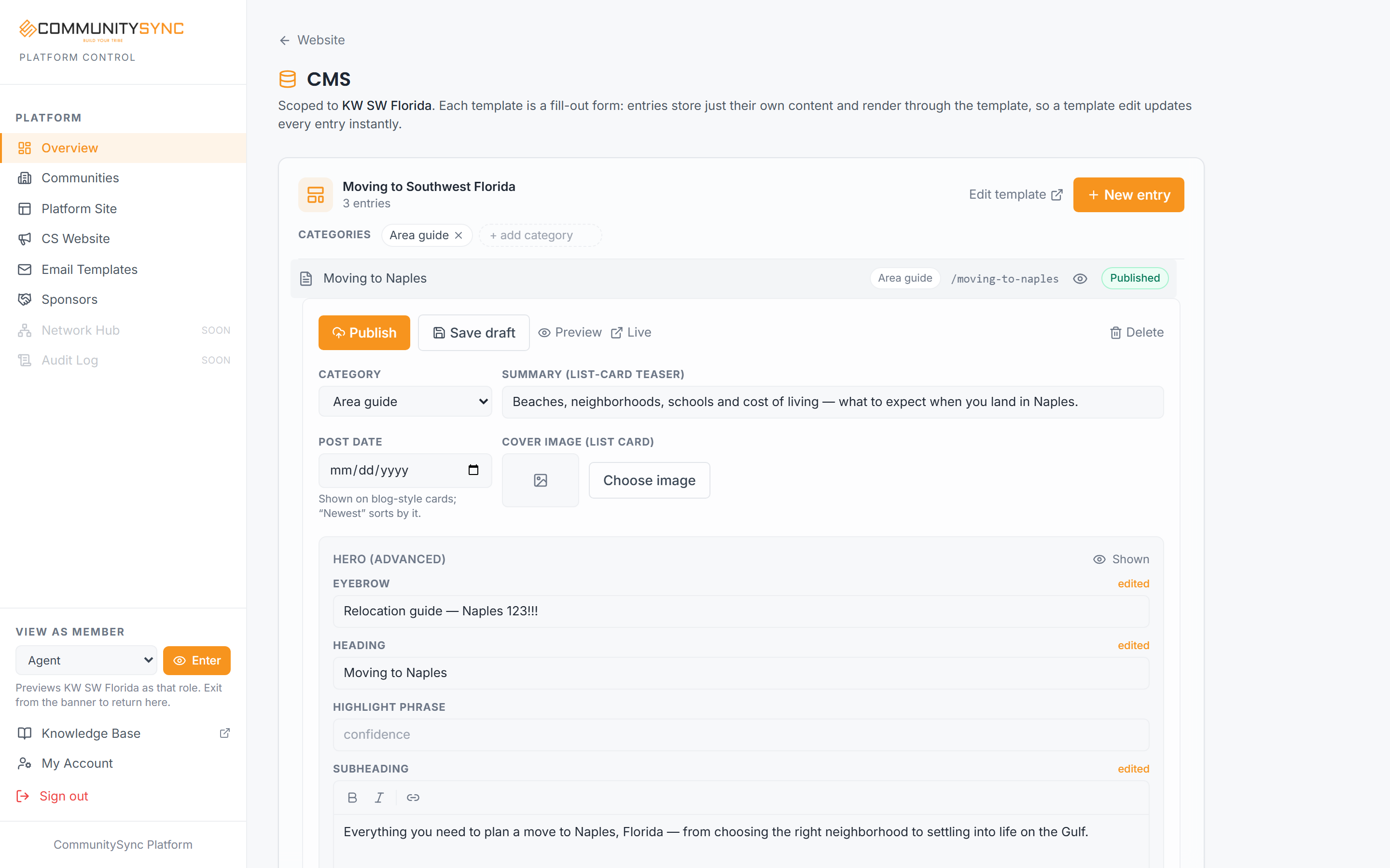 A blog post entry form in the CMS