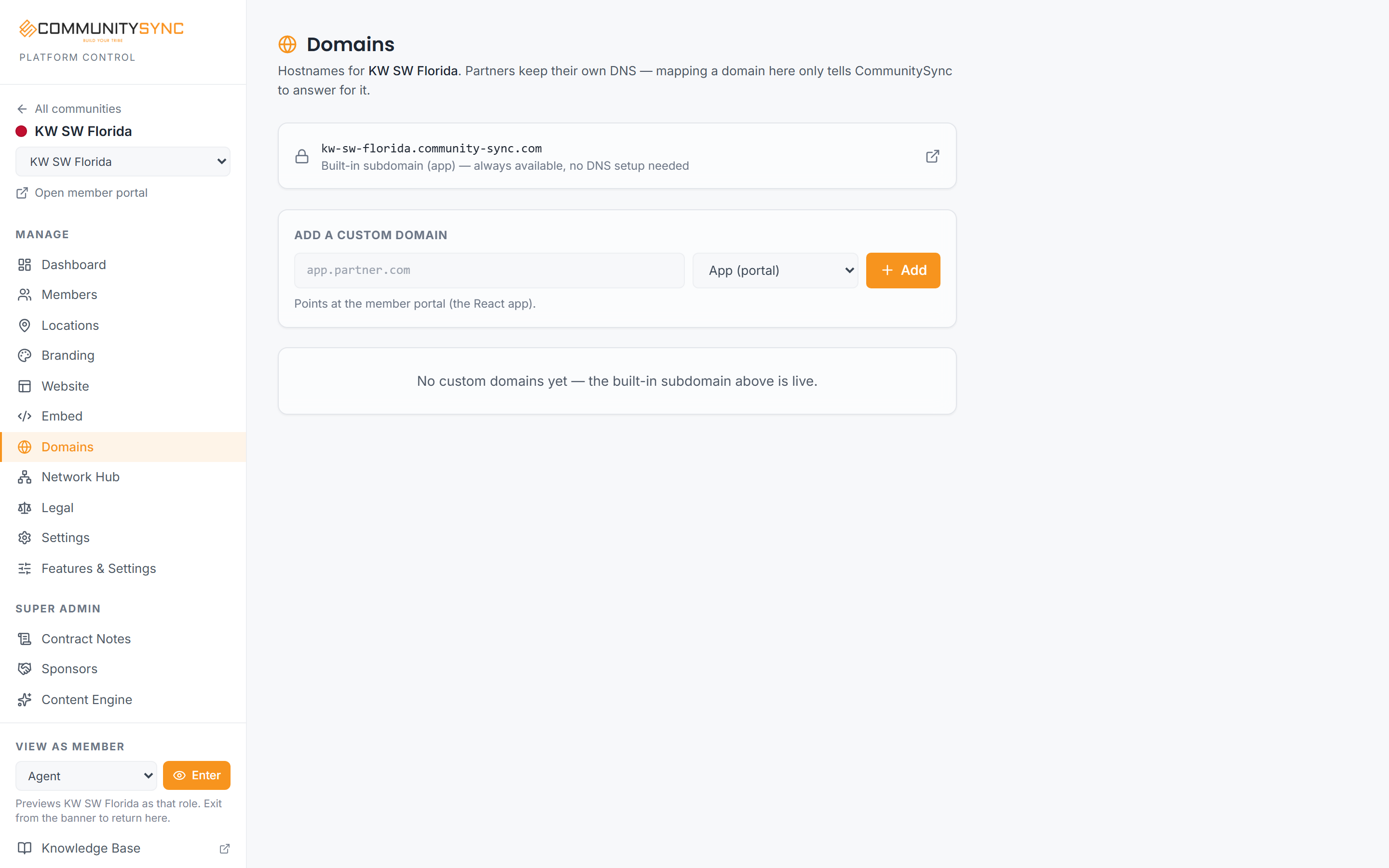 The community Domains page