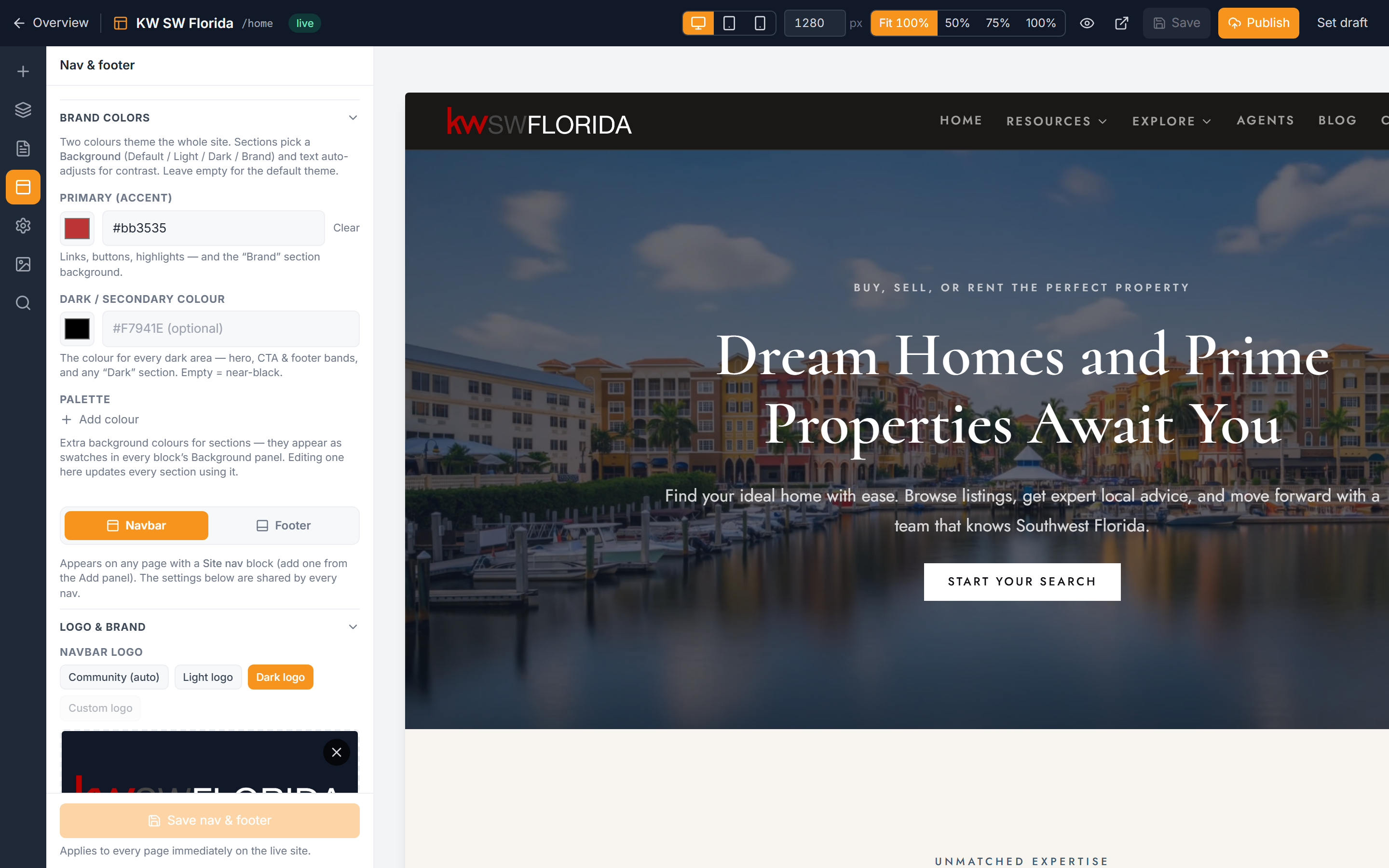 The Footer sub-tab of the Nav & footer panel
