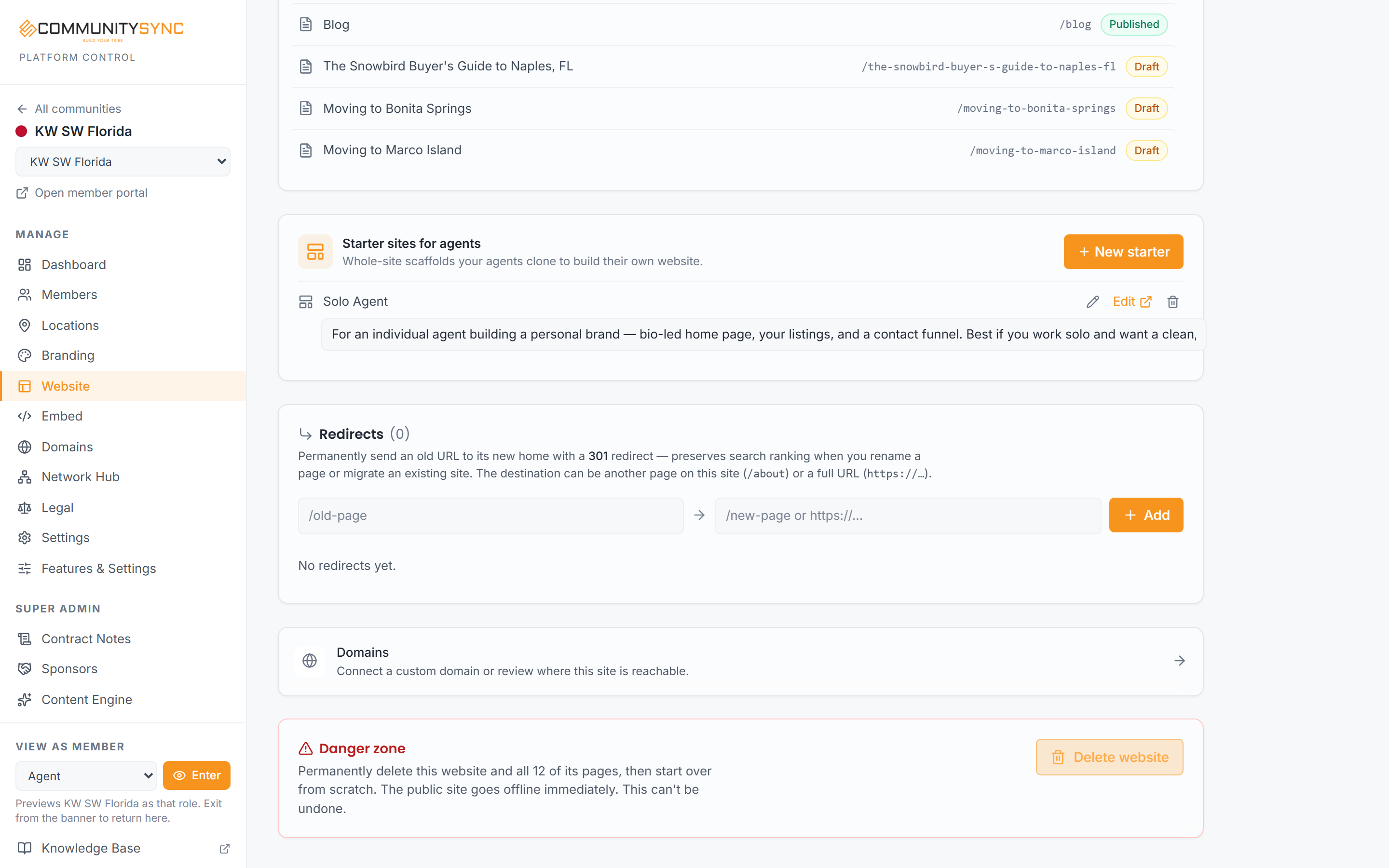 The Danger zone on the Website Overview page
