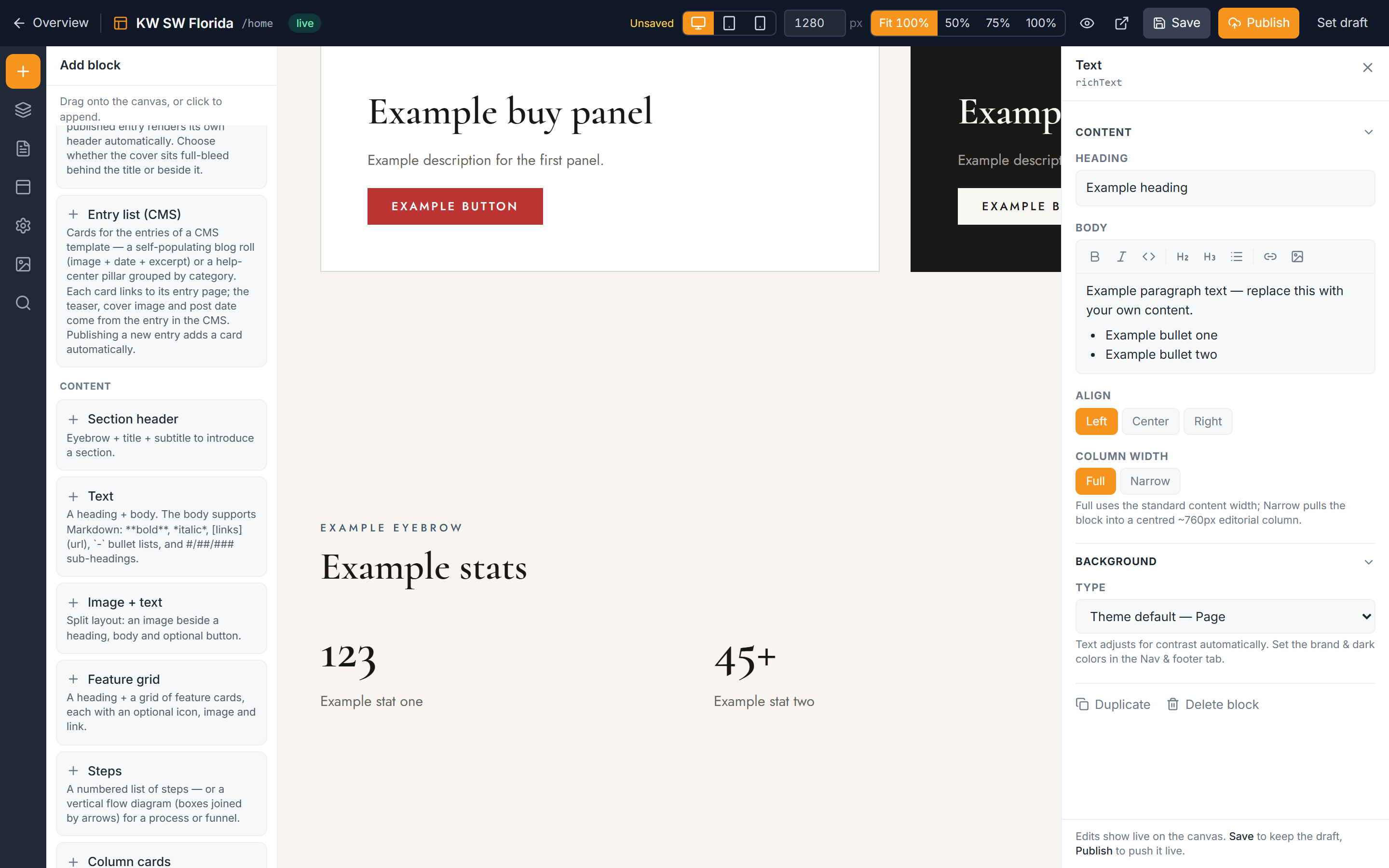 A block's Background accordion open in the inspector