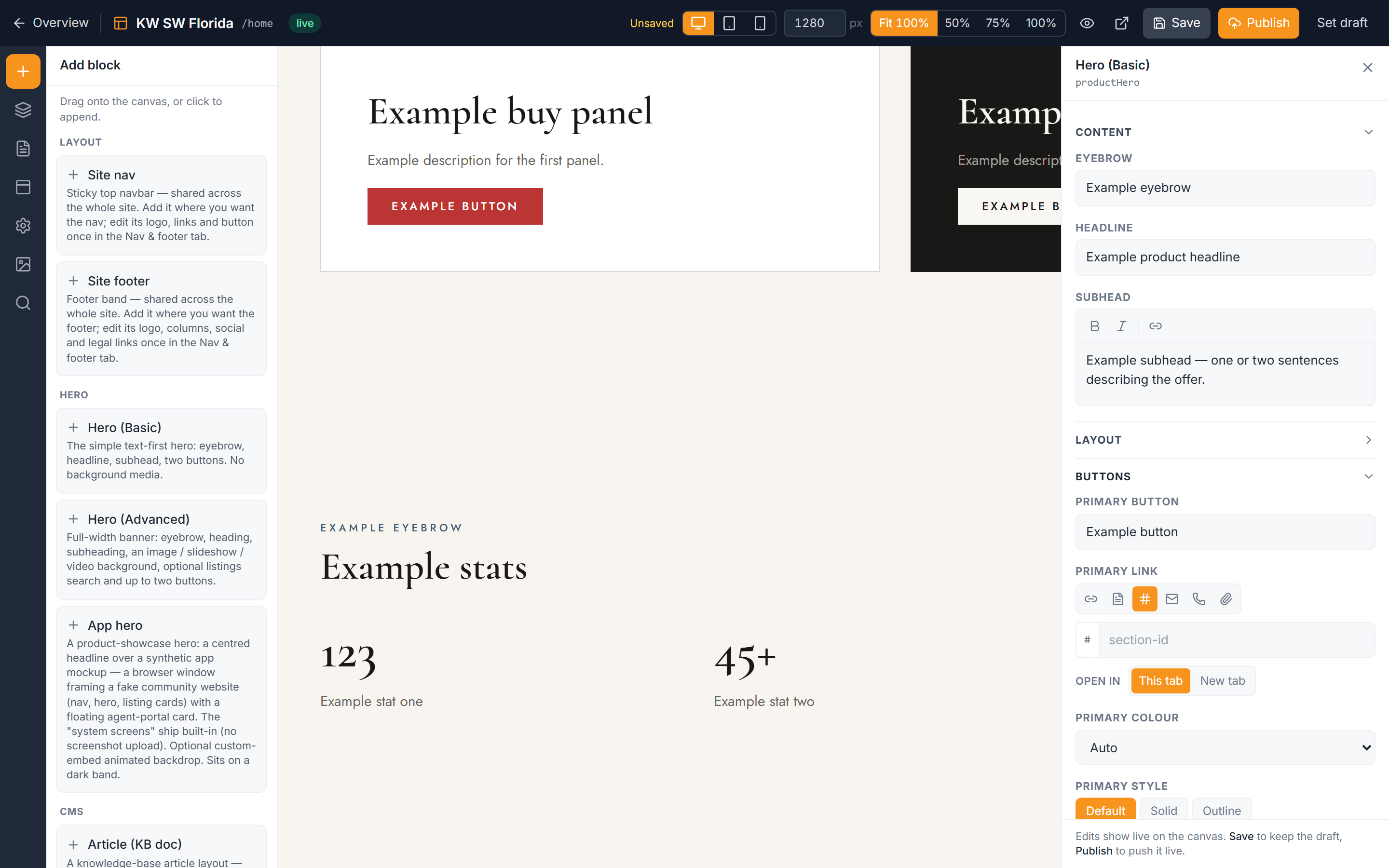 A block with buttons selected in the editor