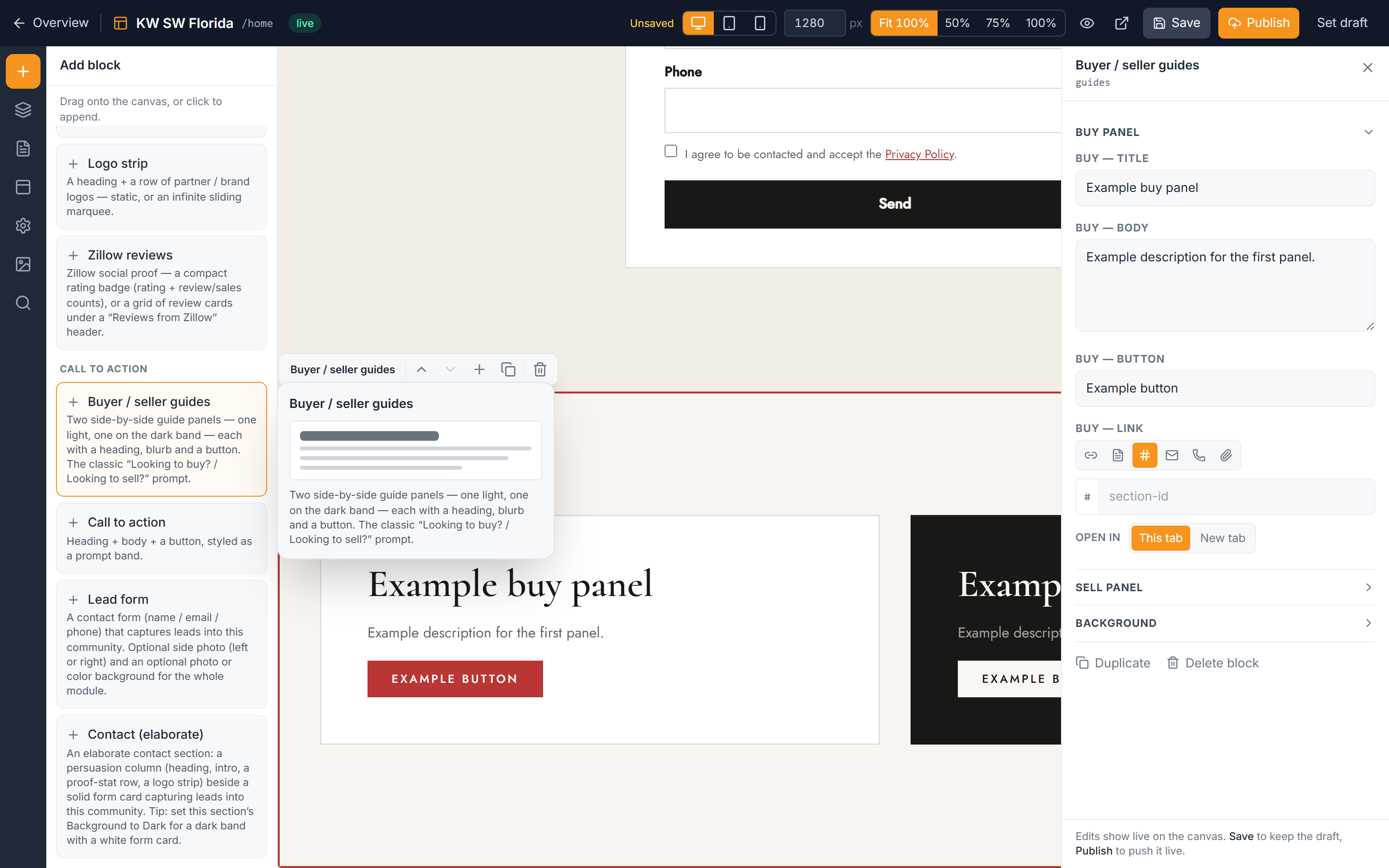 The Buyer / seller guides block on the canvas