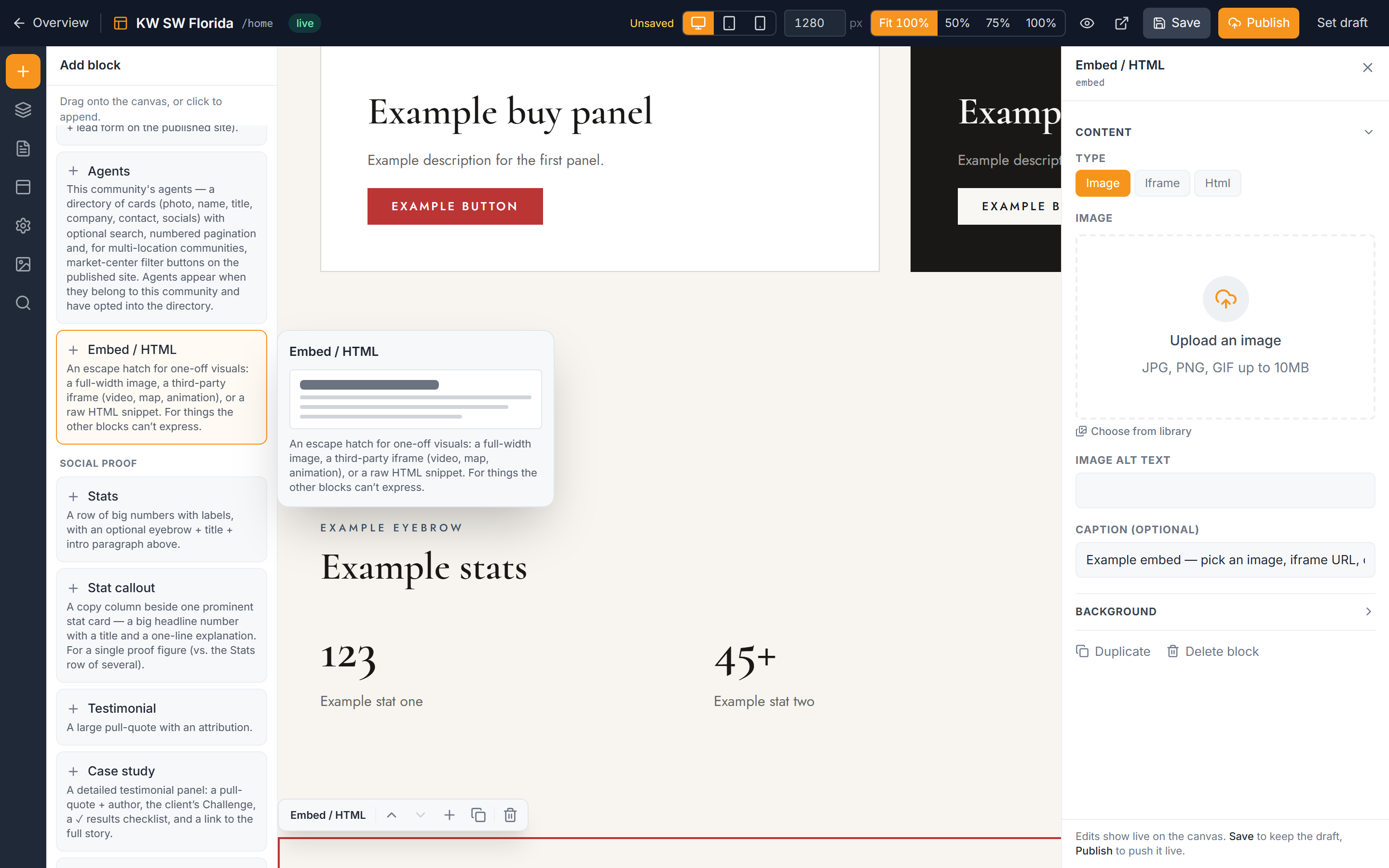 The Embed / HTML block's inspector