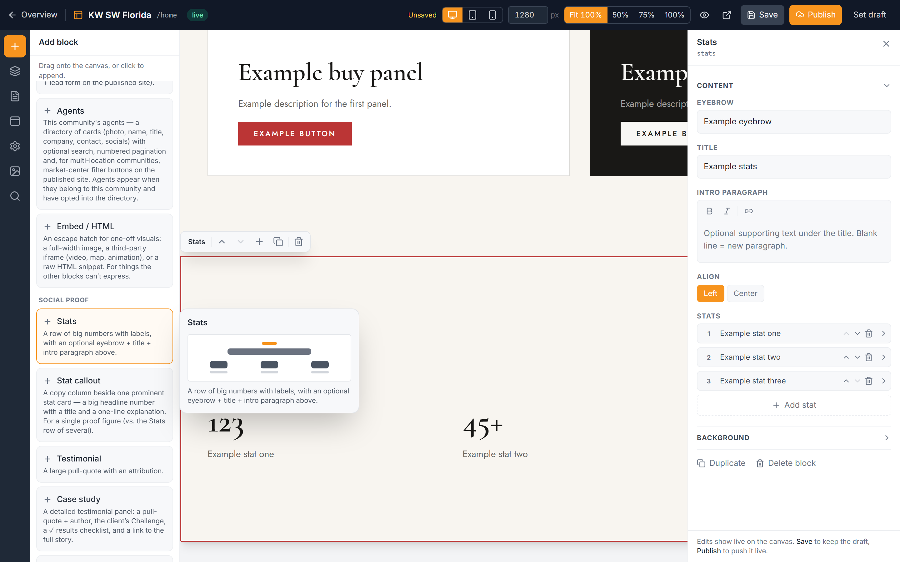 A Stats block on the canvas with its inspector