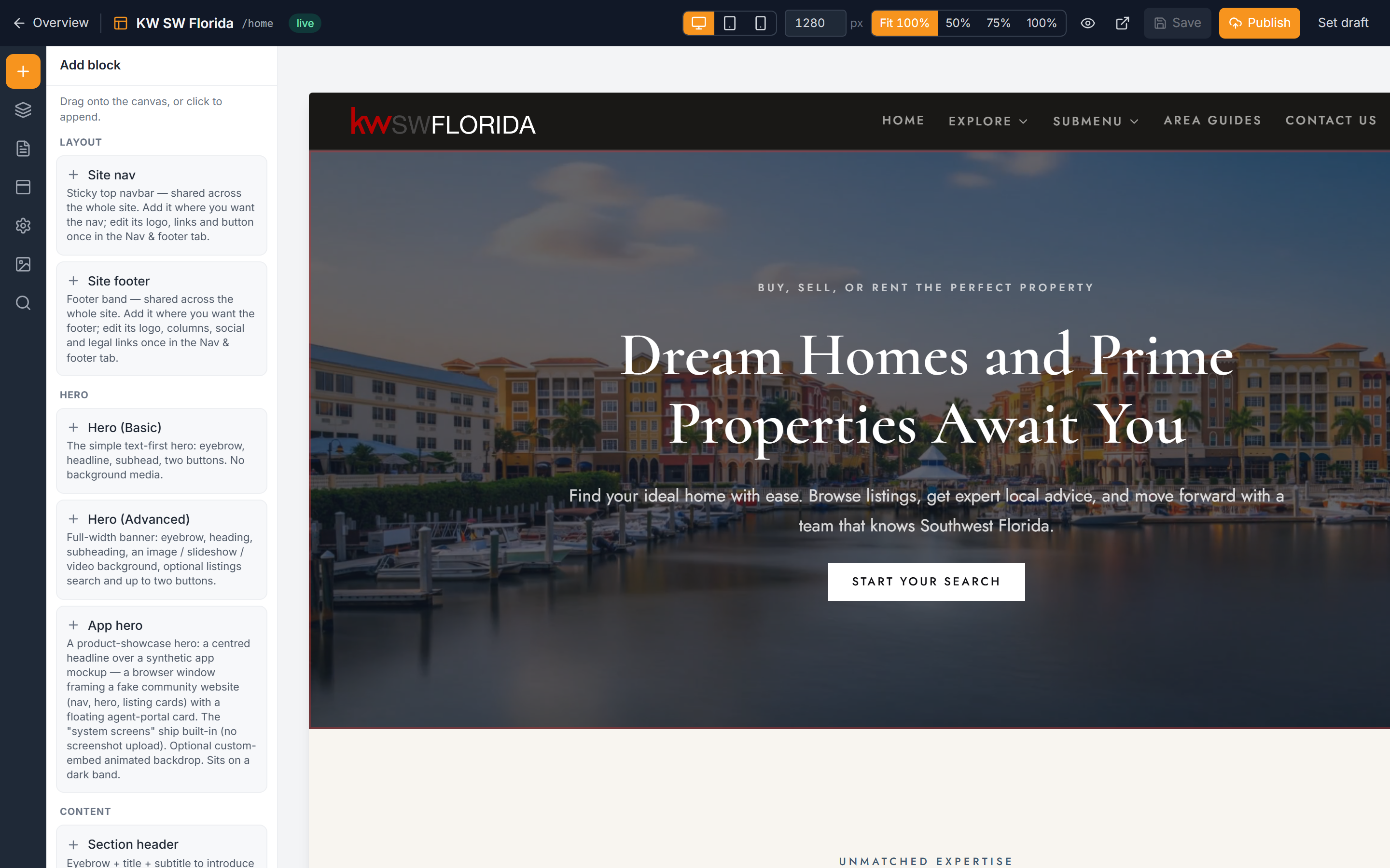 The website editor's three-pane layout