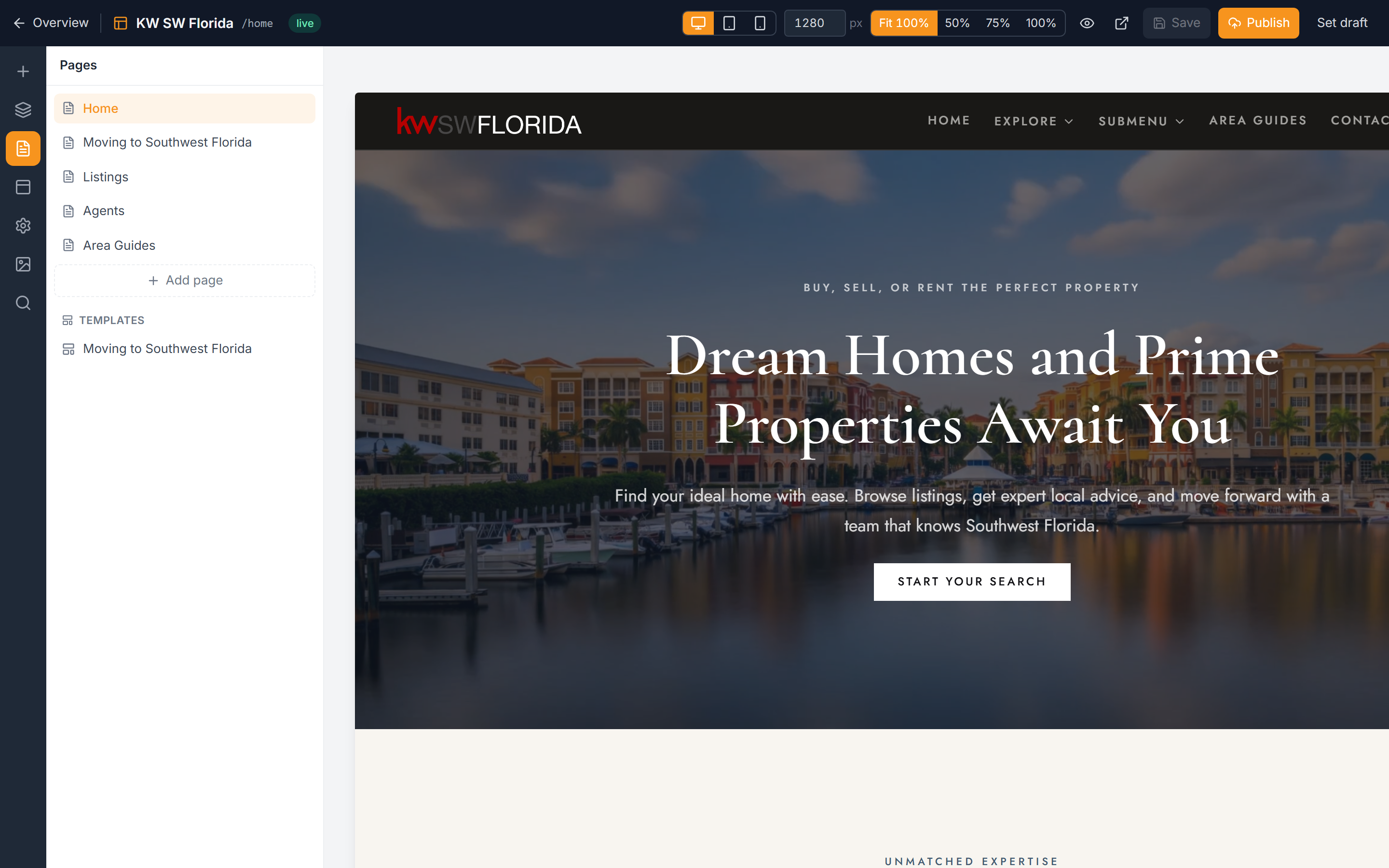 The Pages panel in the website editor