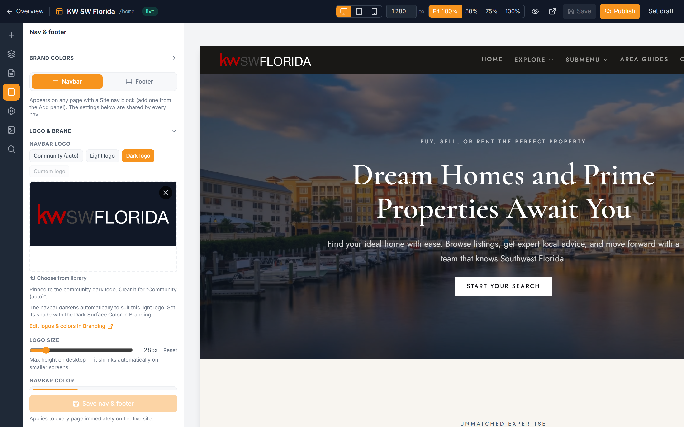 The Nav & footer panel in the website editor
