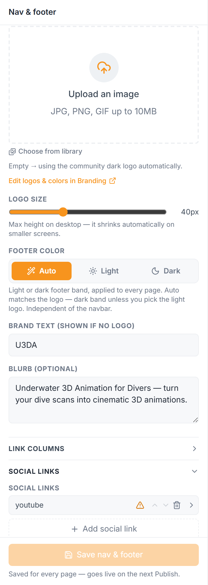 The Social links section of the Footer panel