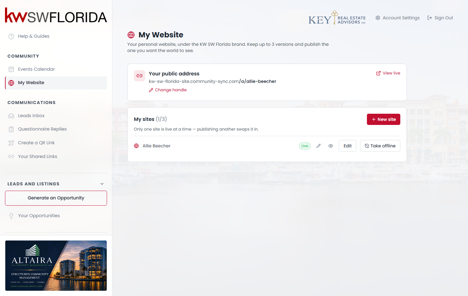 A published site in the list