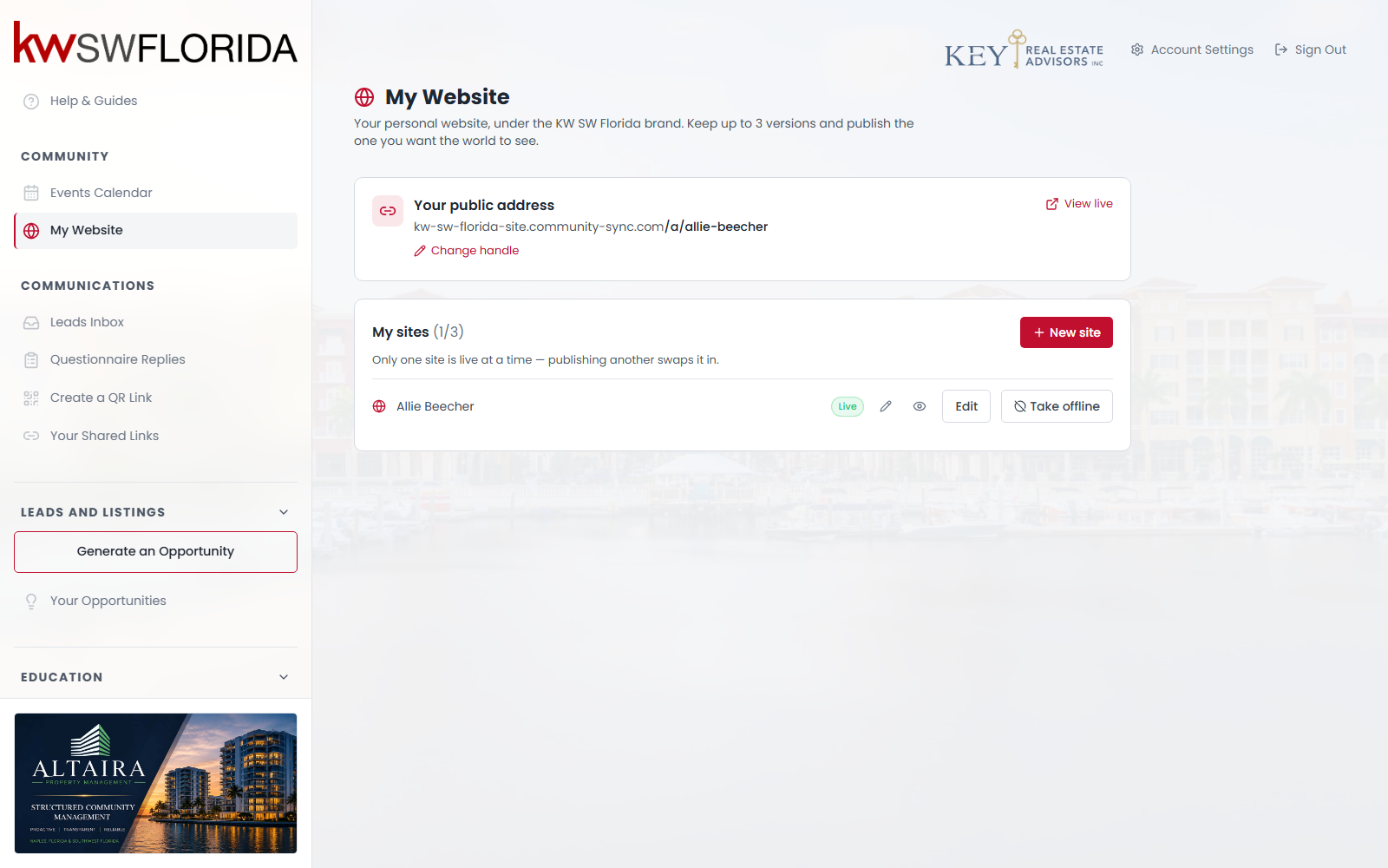 The My Website page