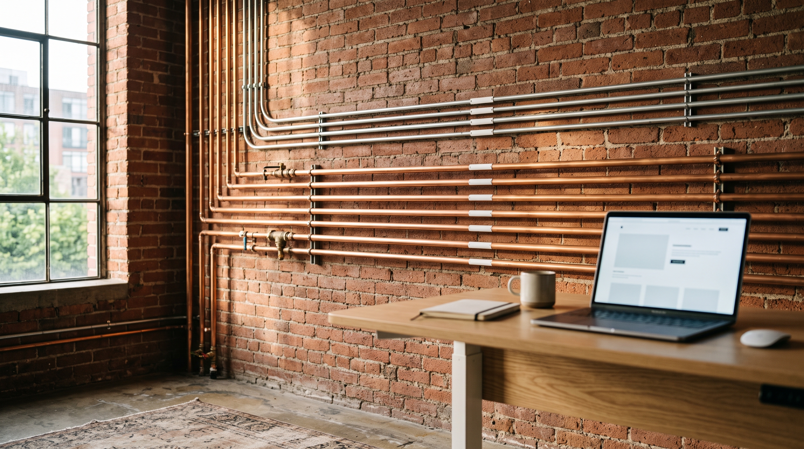 Editorial architectural photograph of neatly run copper pipework and labelled conduit tracing the exposed brick wall of a converted office. In the foreground, slightly off-centre, a laptop sits open on a light oak standing desk showing a simple, clean website — legible as a website, but no readable text and no recognisable UI. Warm morning light rakes in from a tall window at the left, catching the copper; the room falls away into soft, desaturated shadow on the right. Shallow depth of field: the pipework is sharp, the desk and screen slightly softer. Composition uses the pipe runs as strong h