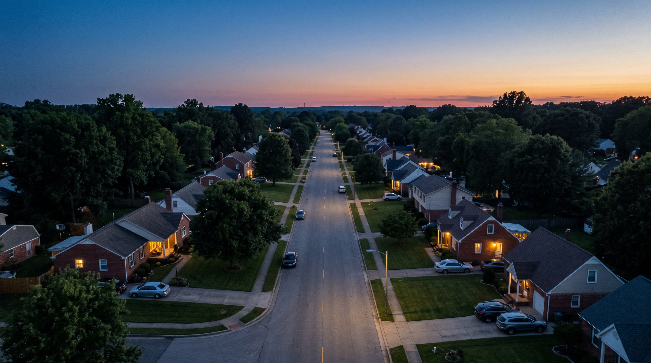 Late-dusk aerial photograph, drone at about 60 metres looking gently down a quiet residential street of modest single-family homes in an established American suburb. Mature trees, tidy lawns, driveways with a parked car or two, a few windows glowing with warm interior light, porch lights on. The street runs from the lower left into the distance, leading the eye up and away. Deep blue-hour sky fading to a thin band of warm orange on the horizon. Calm, settled, lived-in: homes people have stayed in for years. Natural colour, soft contrast, fine detail, no haze. Composition: wide 16:9, the centre