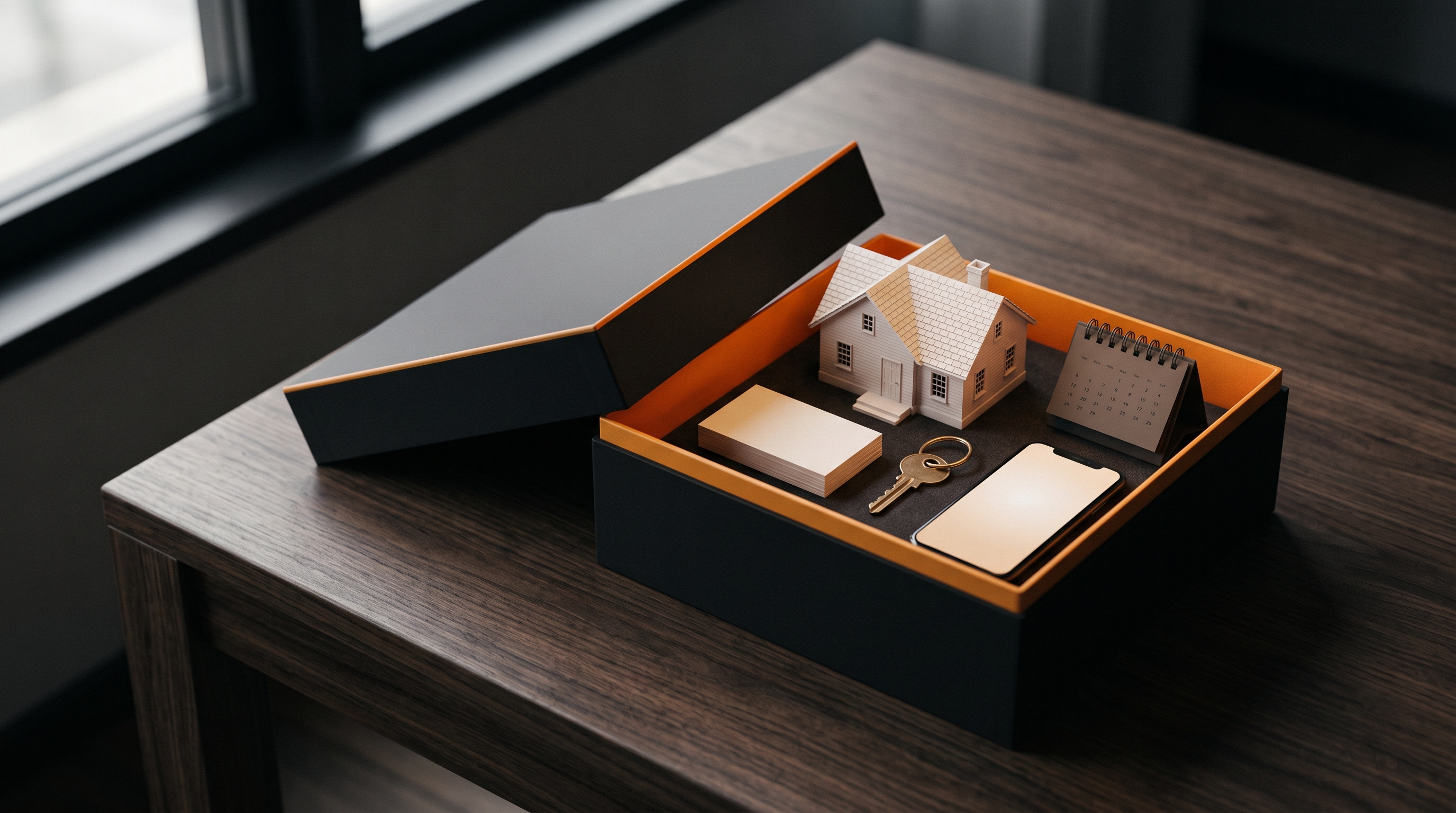An open black box with an orange lining on a walnut table, holding a model house, business cards, a key, a desk calendar and a phone.