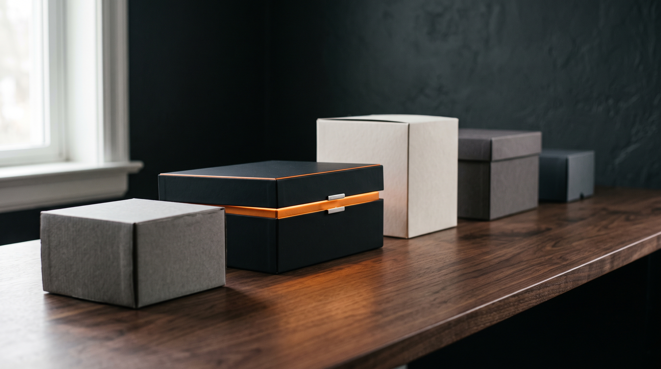 Five closed boxes of different shapes on a walnut shelf; one black box glows orange at its lid seam.
