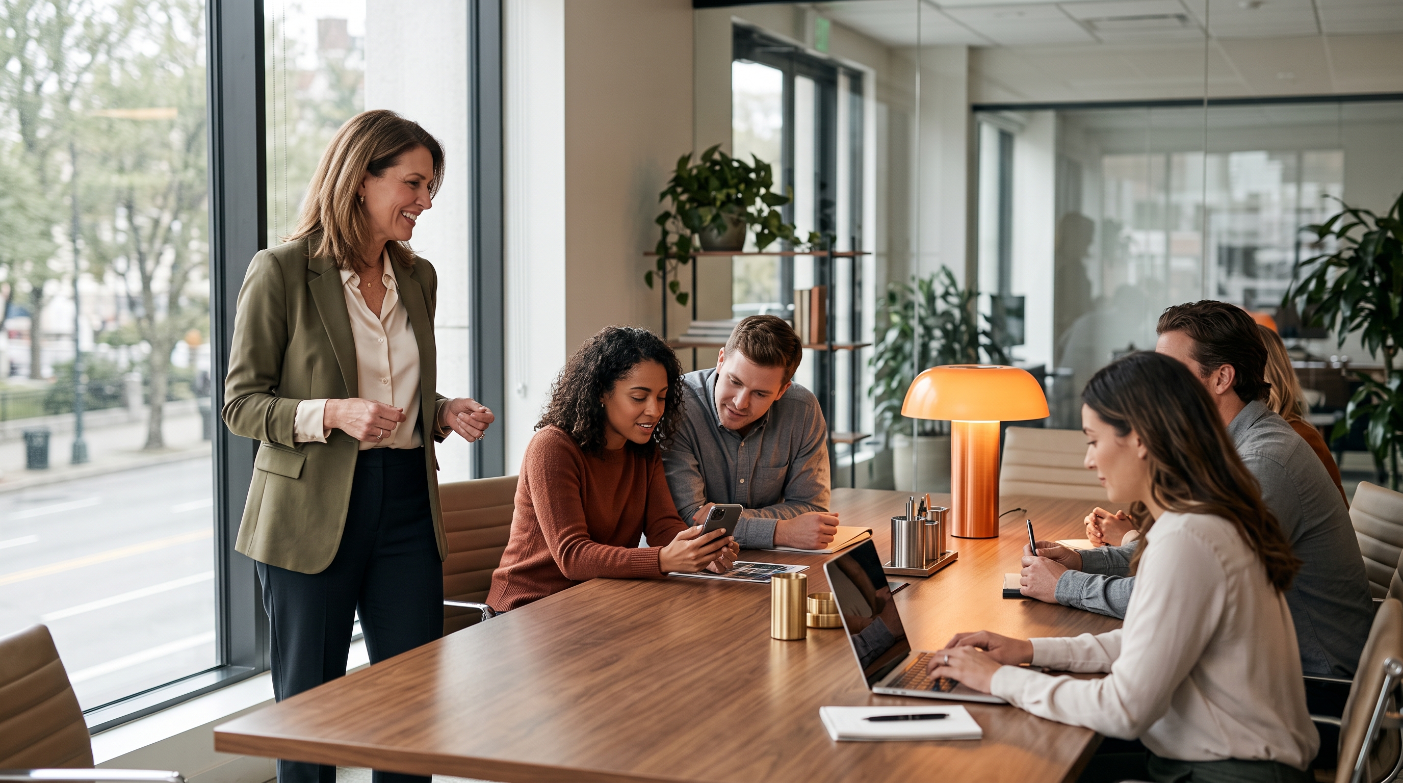 An office leader talking with real-estate agents around a table, two of them looking at a listing on a phone