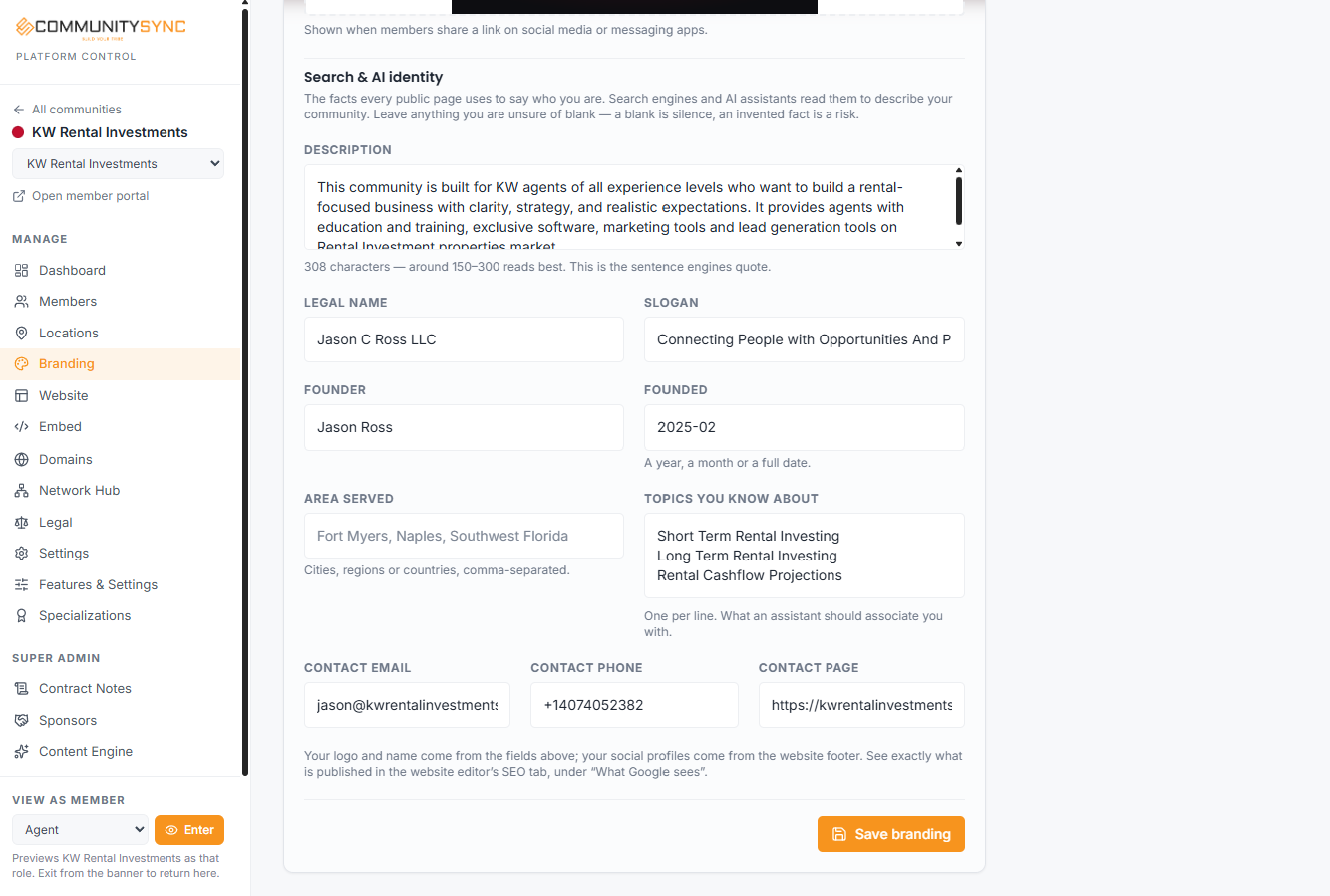 Your organization schema in the mycommunitysync.com settings