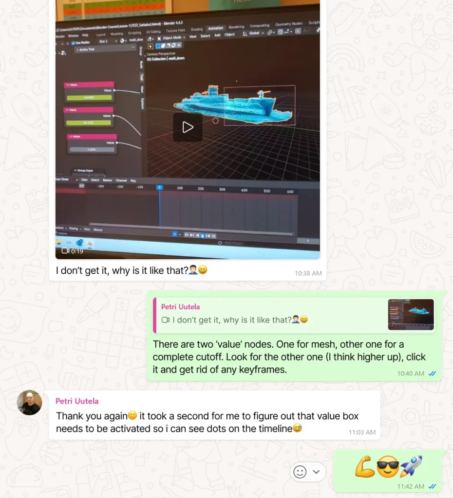 WhatsApp conversation in the U3DA group: Petri Uutela asks why his build-up animation misbehaves; Marcin replies two minutes later pointing to the second value node and its keyframes